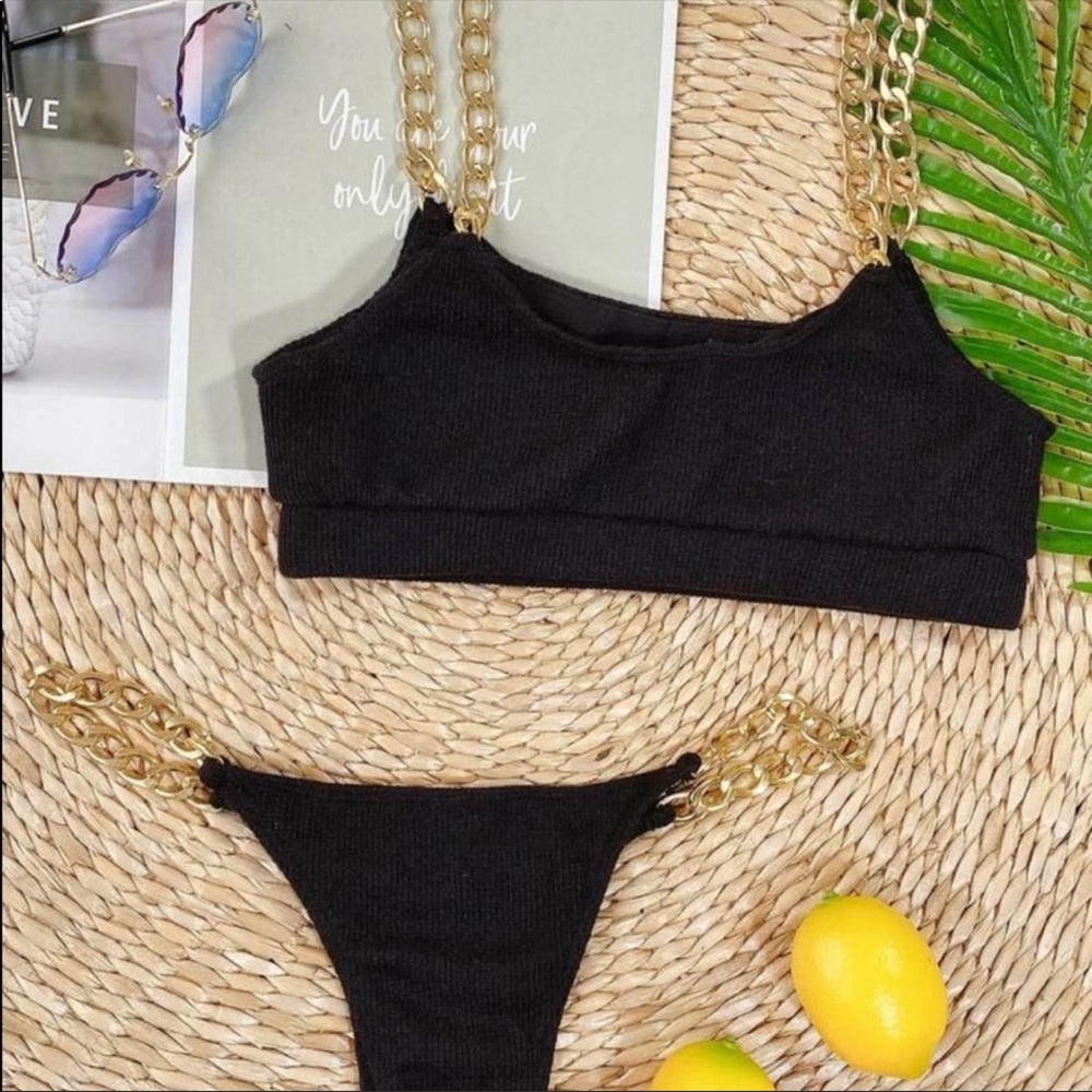 Black ribbed bikini with gold chains Size Small!